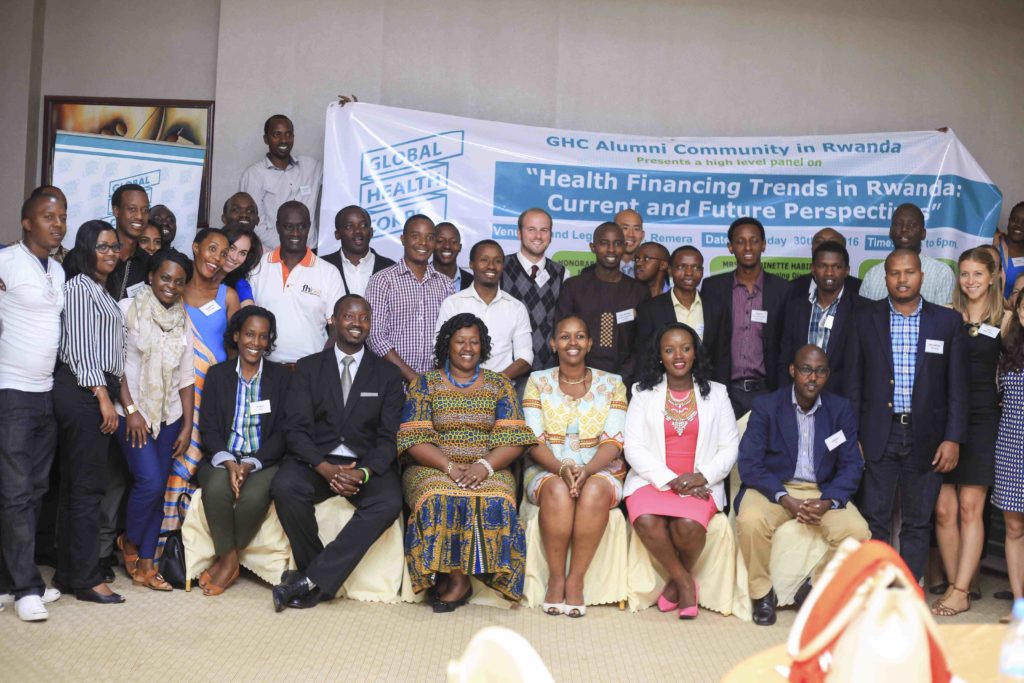 Rwandan staff, alums, and fellows join the Honorable former Minister of Health Dr. Agnes Binagwaho at a meeting on health financing in Kigali.